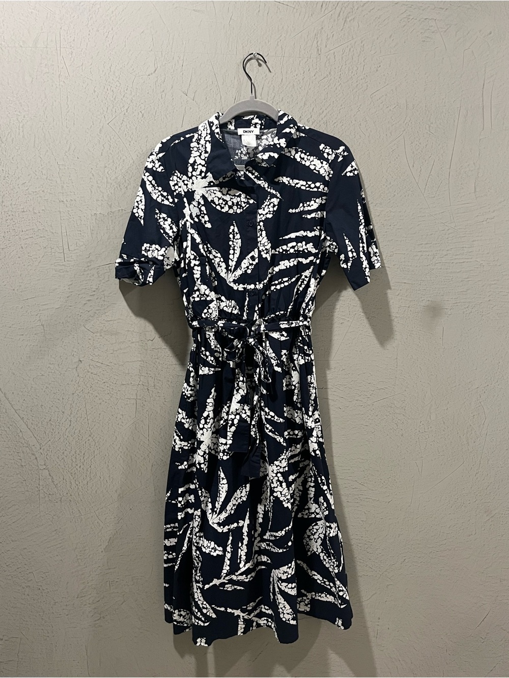 DKNY Navy & White Leaf-Print Midi Shirt Dress